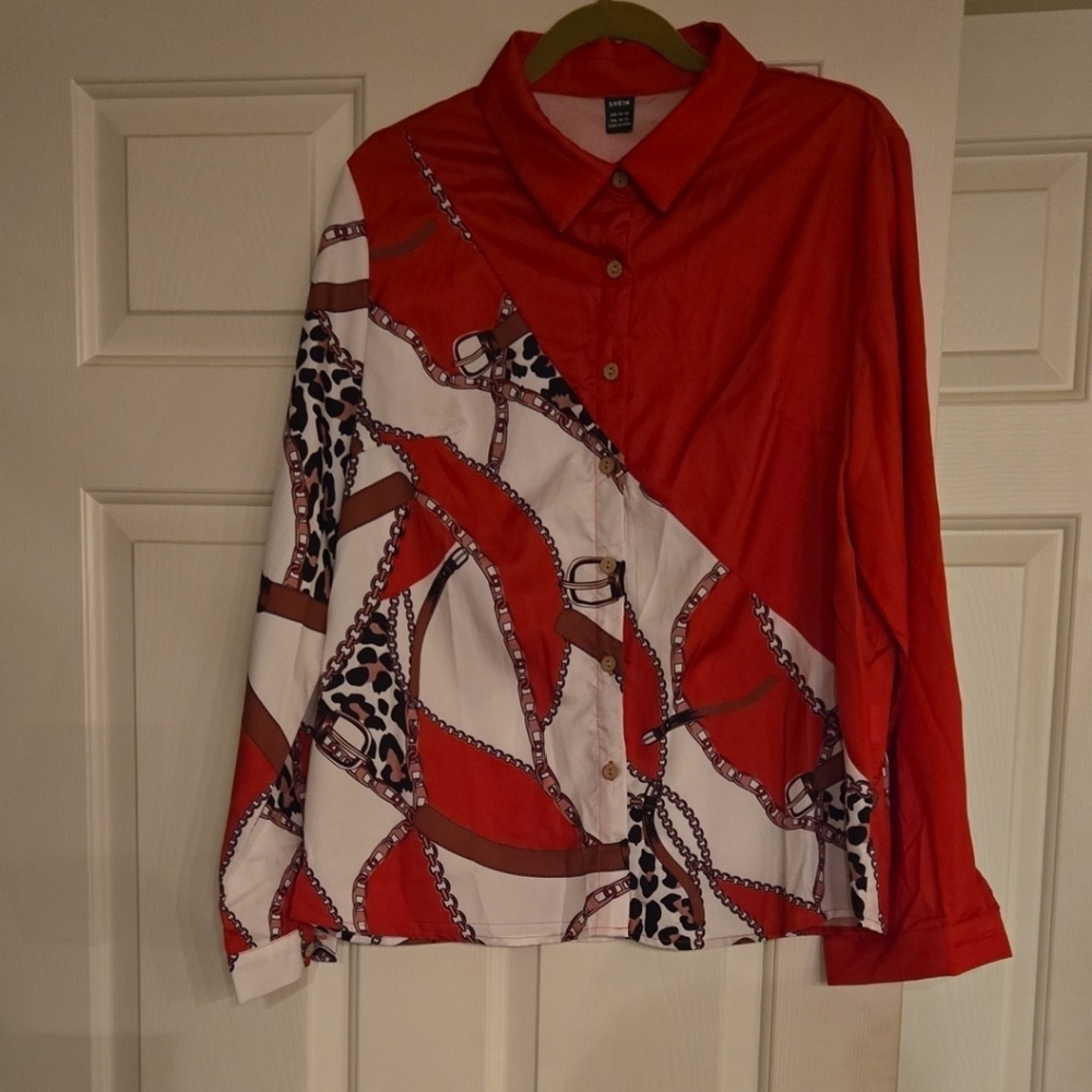 Red and White Patterned Button-Up Shirt